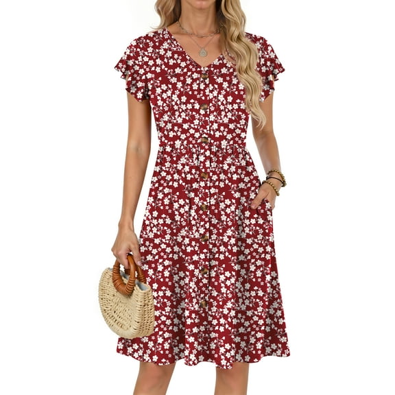 Fantaslook Women Summer Dresses V Neck Ruffle Sleeve Casual Flowy Sundresses Button Floral Midi Dress with Pockets