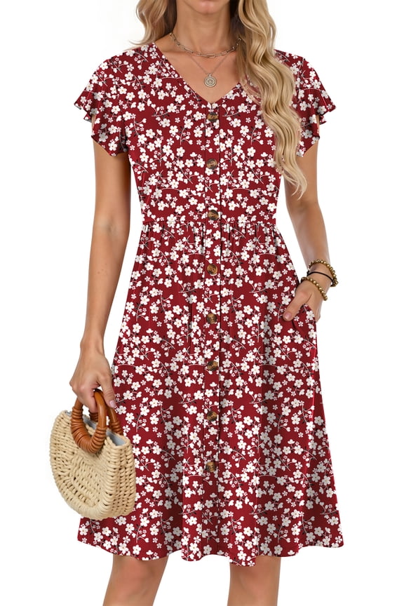 Women Summer Dresses V Neck Ruffle Sleeve Casual Flowy Sundresses Button Floral Midi Dress with Pockets