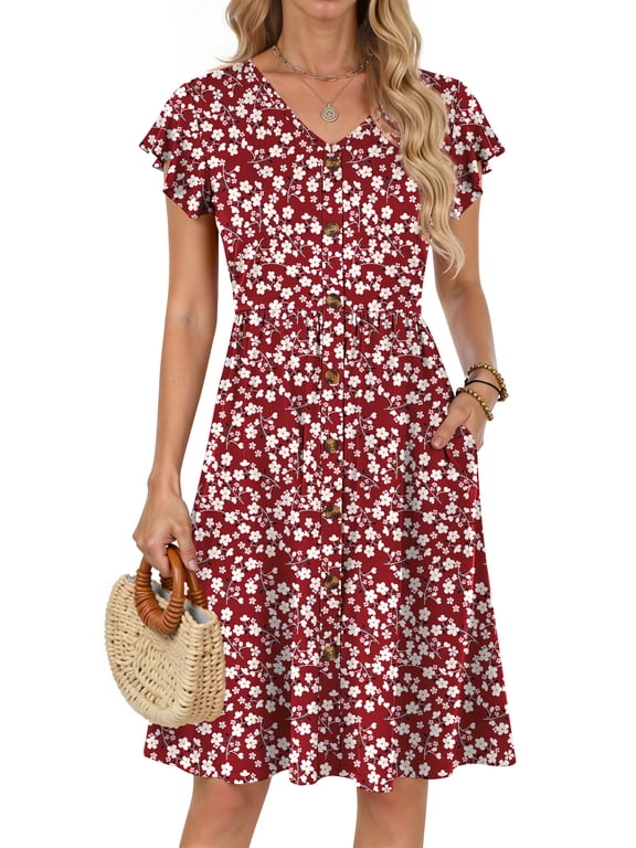 Women Summer Dresses V Neck Ruffle Sleeve Casual Flowy Sundresses Button Floral Midi Dress with Pockets