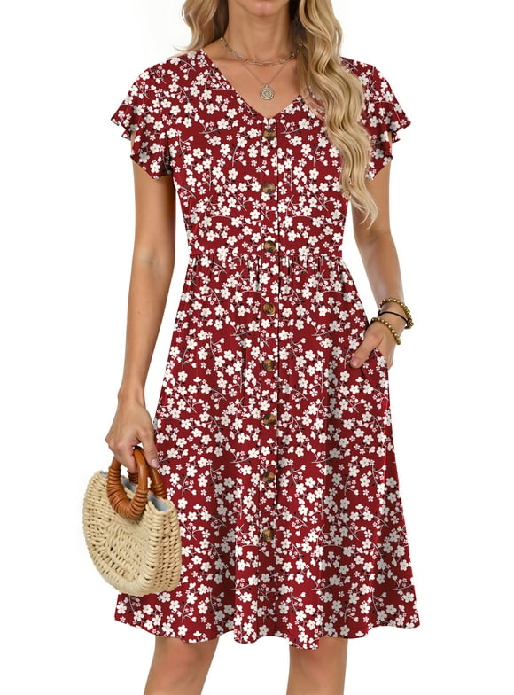 Women Summer Dresses V Neck Ruffle Sleeve Casual Flowy Sundresses Button Floral Midi Dress with Pockets