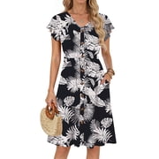 Fantaslook Women Summer Dresses V Neck Ruffle Sleeve Casual Flowy Sundresses Button Floral Midi Dress with Pockets