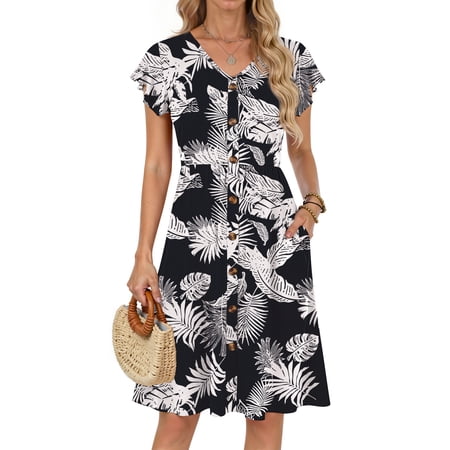 Fantaslook Women Summer Dresses V Neck Ruffle Sleeve Casual Flowy Sundresses Button Floral Midi Dress with Pockets