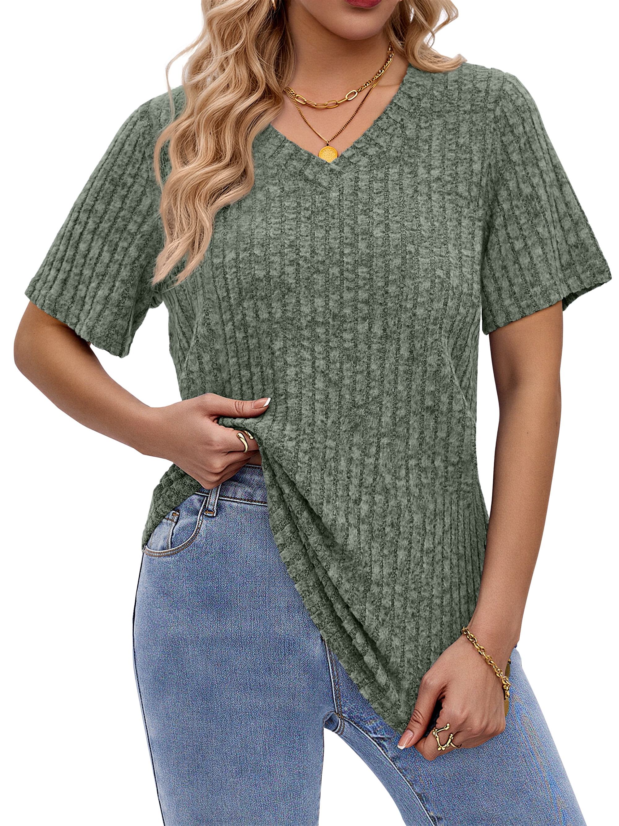 Fantaslook Women Tops V Neck Short Sleeve Shirts Dressy Casual Summer ...