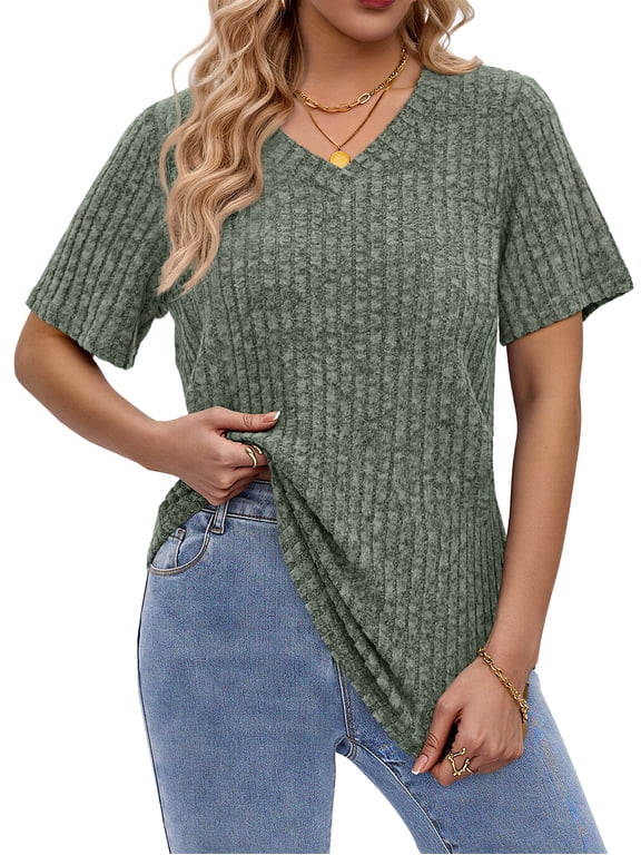 Women Tops V Neck Short Sleeve Shirts Dressy Casual Summer Tops Fashion Tunic Blouses