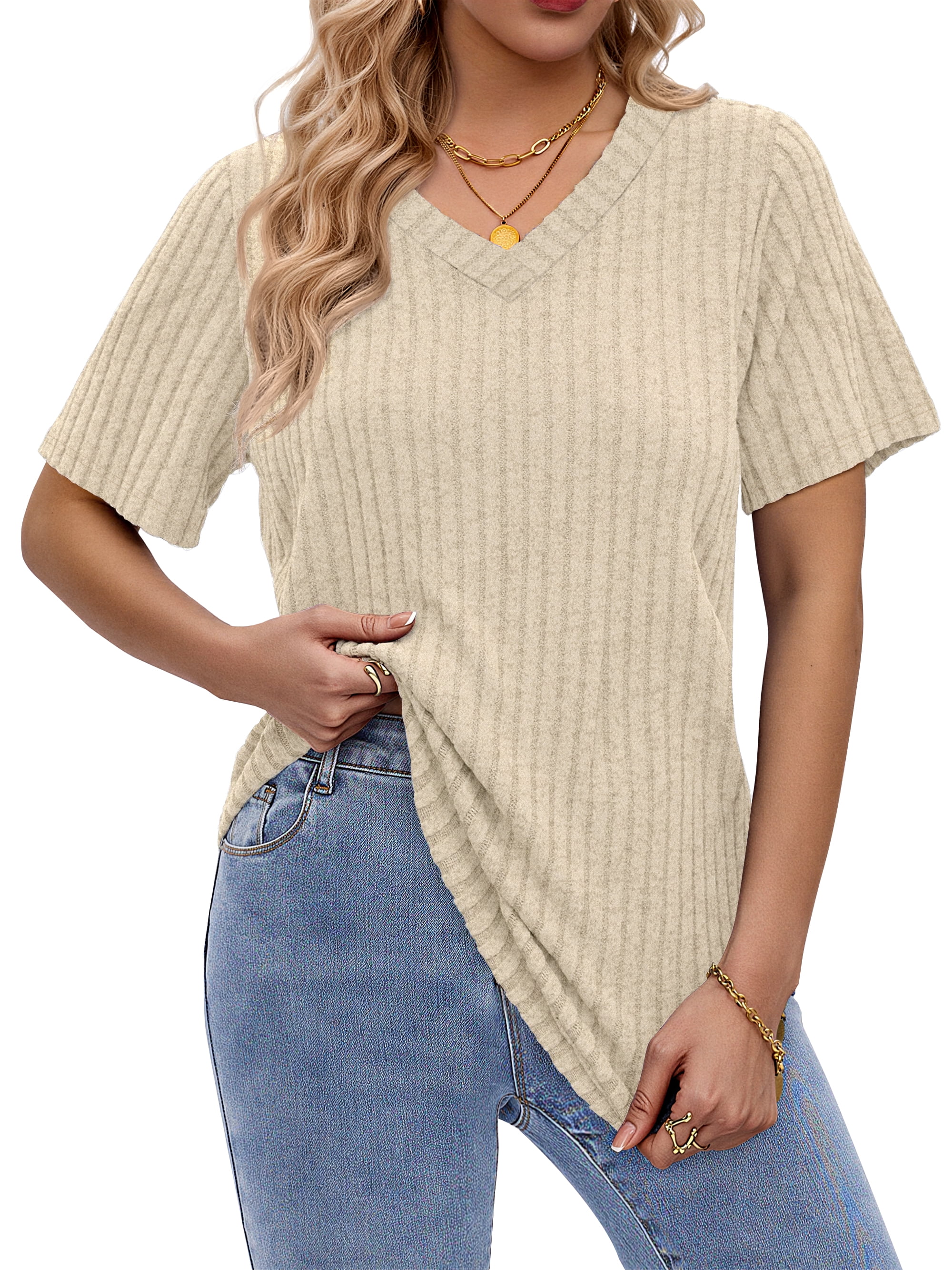 Fantaslook Women Tops V Neck Short Sleeve Shirts Dressy Casual Summer ...