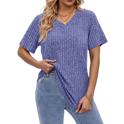 Women Tops V Neck Short Sleeve Shirts Dressy Casual Summer Tops Fashion Tunic Blouses