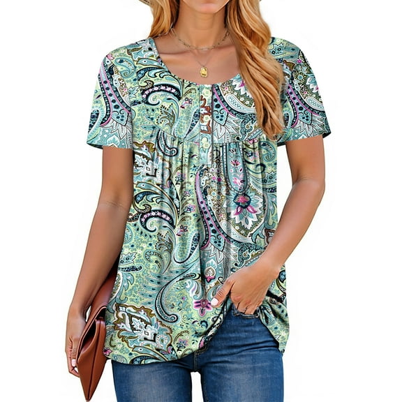 Fantaslook Women Tunic Tops Casual Henley Short Sleeve Shirts Floral Blouses Loose Summer Tops
