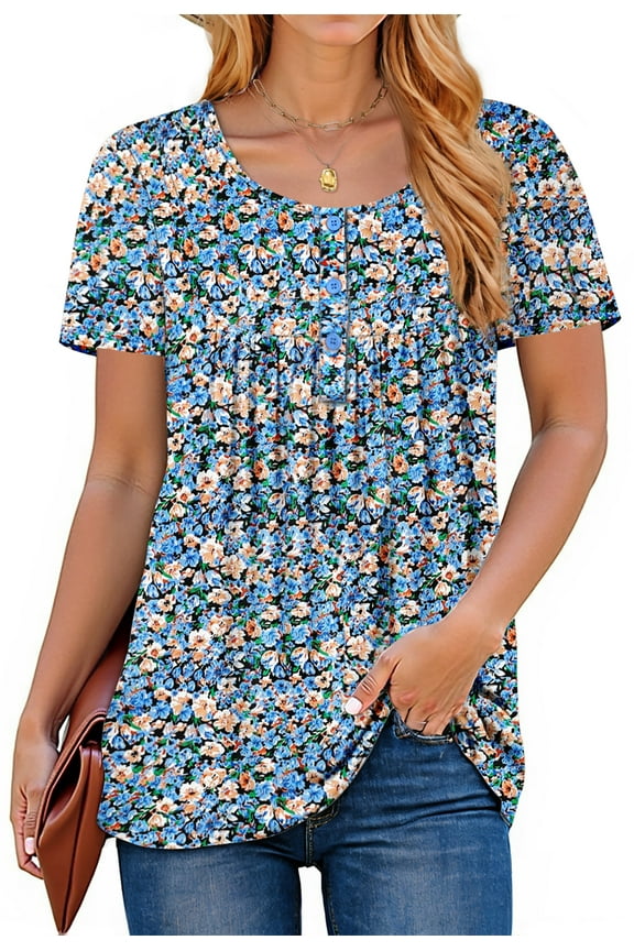 Women Tunic Tops Casual Henley Short Sleeve Shirts Floral Blouses Loose Summer Tops