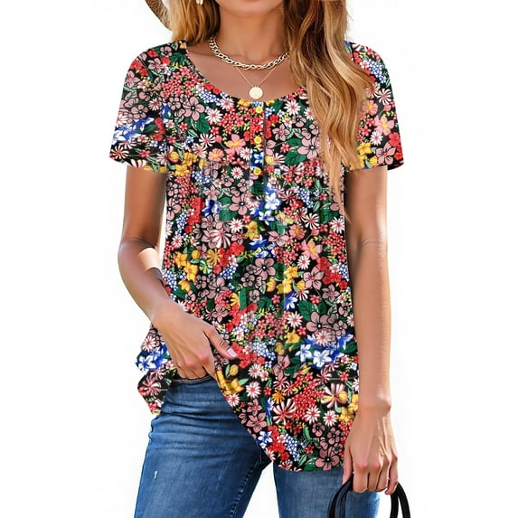 Fantaslook Women Tunic Tops Casual Henley Short Sleeve Shirts Floral Blouses Loose Summer Tops