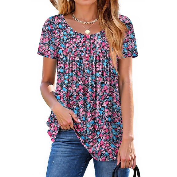 Fantaslook Women Tunic Tops Casual Henley Short Sleeve Shirts Floral Blouses Loose Summer Tops