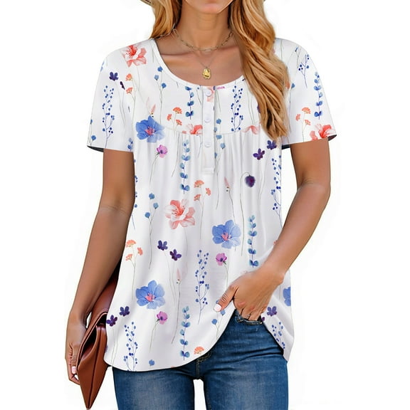 Fantaslook Women Tunic Tops Casual Henley Short Sleeve Shirts Floral Blouses Loose Summer Tops