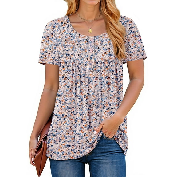 Fantaslook Women Tunic Tops Casual Henley Short Sleeve Shirts Floral Blouses Loose Summer Tops