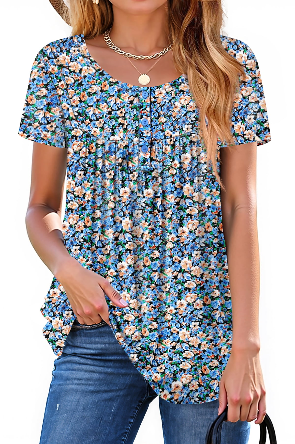Fantaslook Women Tunic Tops, Casual Henley Short Sleeve Shirts, Floral — free download