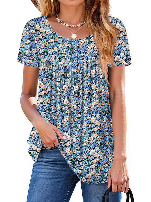Women Tunic Tops Casual Henley Short Sleeve Shirts Floral Blouses Loose Summer Tops