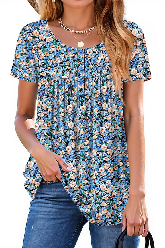 Women Tunic Tops Casual Henley Short Sleeve Shirts Floral Blouses Loose Summer Tops