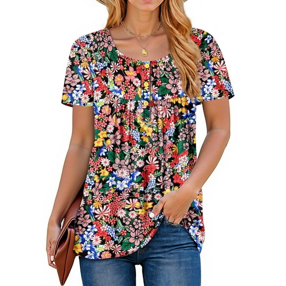 Fantaslook Women Tunic Tops Casual Henley Short Sleeve Shirts Floral Blouses Loose Summer Tops