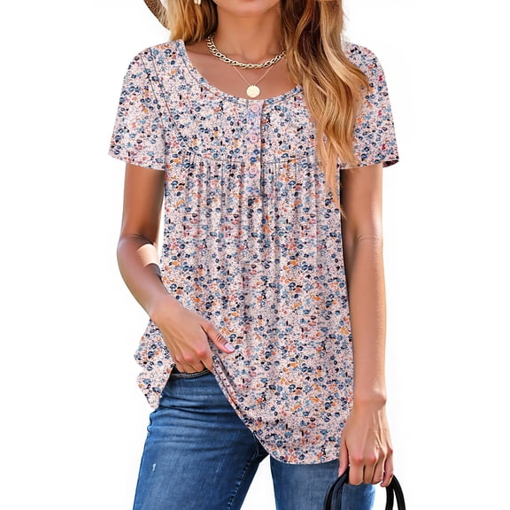 Fantaslook Women Tunic Tops Casual Henley Short Sleeve Shirts Floral Blouses Loose Summer Tops
