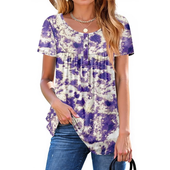 Fantaslook Women Tunic Tops Casual Henley Short Sleeve Shirts Floral Blouses Loose Summer Tops
