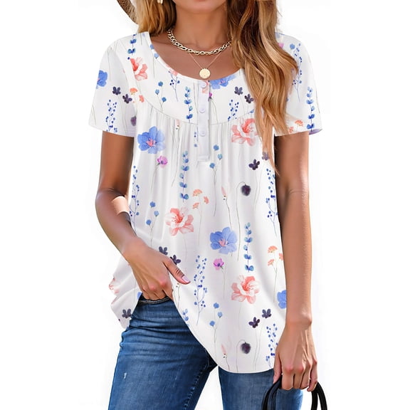 Fantaslook Women Tunic Tops Casual Henley Short Sleeve Shirts Floral Blouses Loose Summer Tops