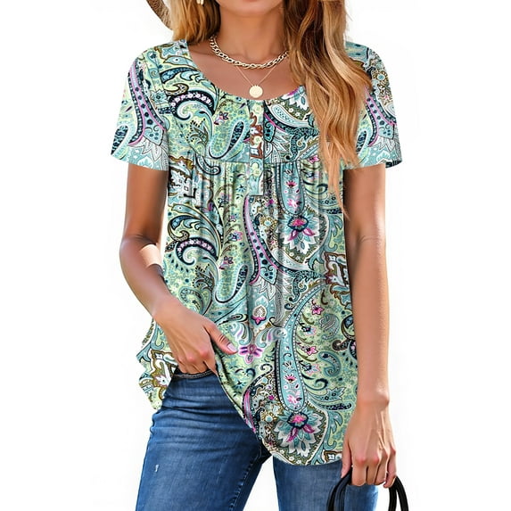 Fantaslook Women Tunic Tops Casual Henley Short Sleeve Shirts Floral Blouses Loose Summer Tops