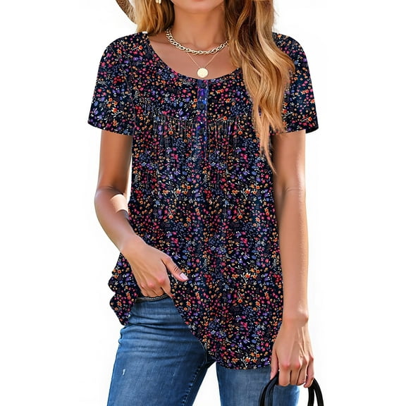 Fantaslook Women Tunic Tops Casual Henley Short Sleeve Shirts Floral Blouses Loose Summer Tops