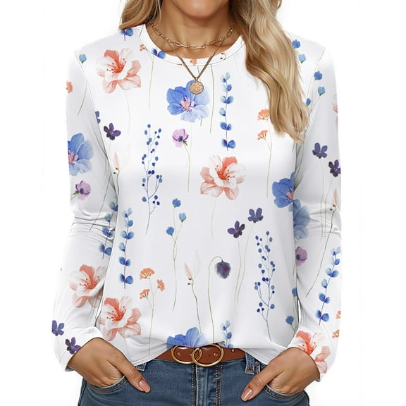Fantaslook Women Tunic Tops Casual Long Sleeve Shirts Crew Neck Fall Tops Basic Tees Floral Dressy Blouses