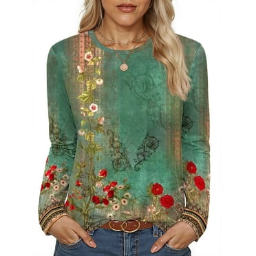 Fantaslook Women Tunic Tops Casual Long Sleeve Shirts Crew Neck Fall Tops Basic Tees Floral Dressy Blouses