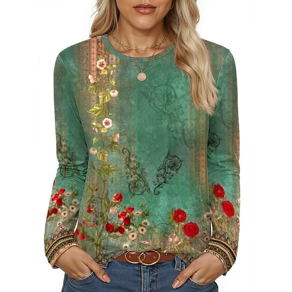 Fantaslook Women Tunic Tops Casual Long Sleeve Shirts Crew Neck Fall Tops Basic Tees Floral Dressy Blouses