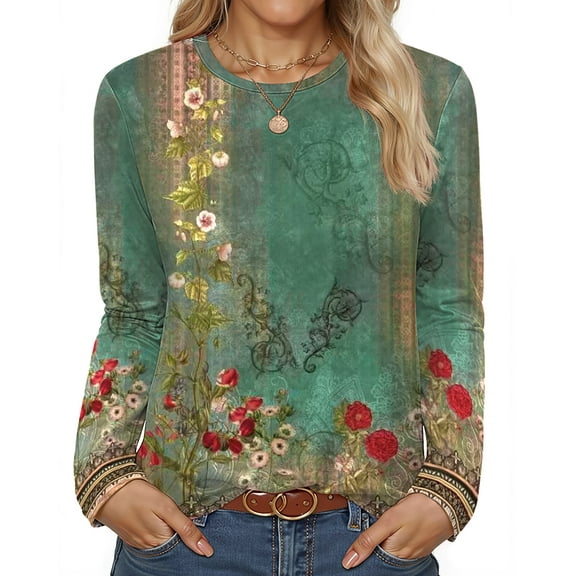 Fantaslook Women Tunic Tops Casual Long Sleeve Shirts Crew Neck Fall Tops Basic Tees Floral Dressy Blouses