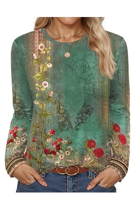 Women Tunic Tops Casual Long Sleeve Shirts Crew Neck Fall Tops Basic Tees Floral Dressy Blouses