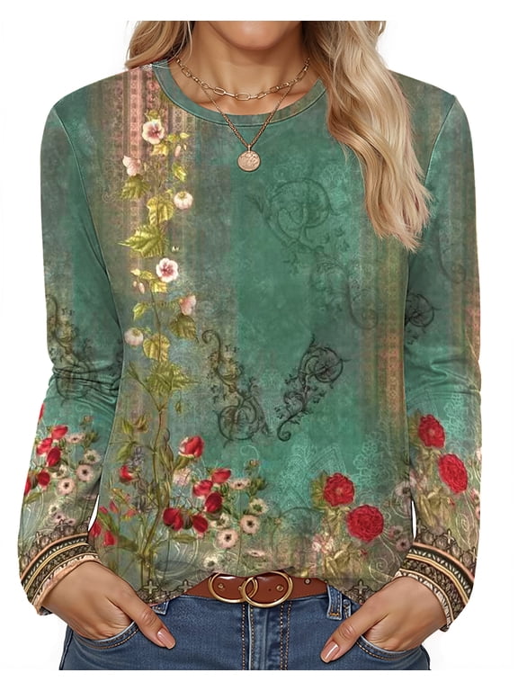 Women Tunic Tops Casual Long Sleeve Shirts Crew Neck Fall Tops Basic Tees Floral Dressy Blouses