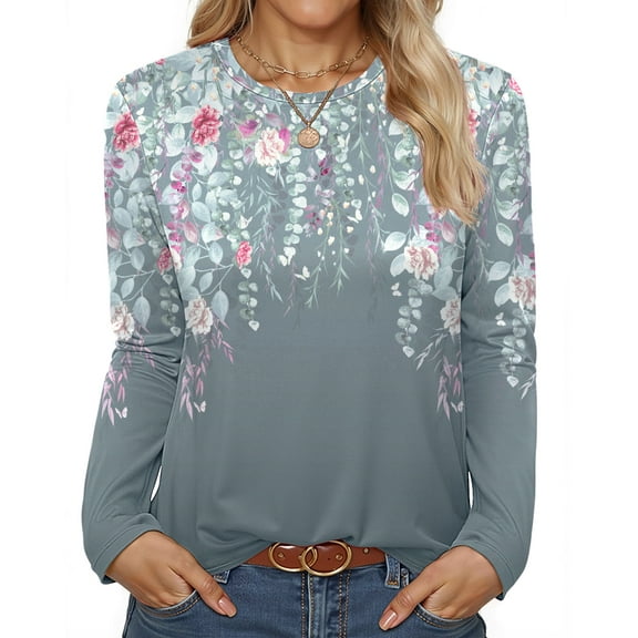 Fantaslook Women Tunic Tops Casual Long Sleeve Shirts Crew Neck Fall Tops Basic Tees Floral Dressy Blouses