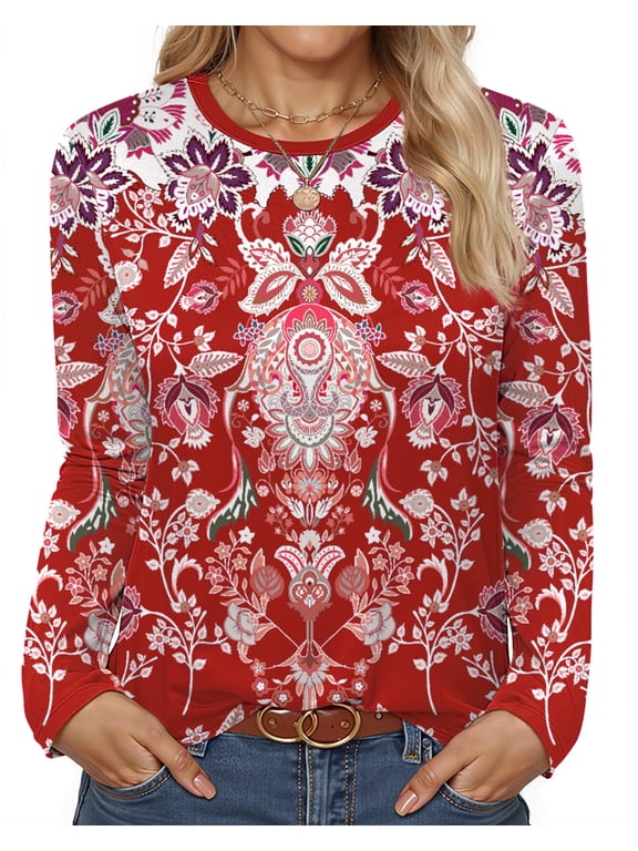 Women Tunic Tops Casual Long Sleeve Shirts Crew Neck Fall Tops Basic Tees Floral Dressy Blouses