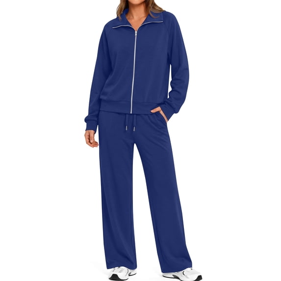 Fantaslook Two Piece Sets for Women Fall Outfits Lapel Long Sleeve Zipper Sweatshirts and Wide Leg Pants Lounge Tracksuits Sets