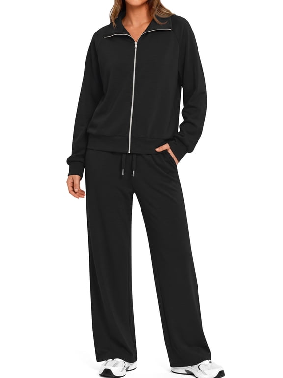 Two Piece Sets for Women Fall Outfits Lapel Long Sleeve Zipper Sweatshirts and Wide Leg Pants Lounge Tracksuits Sets