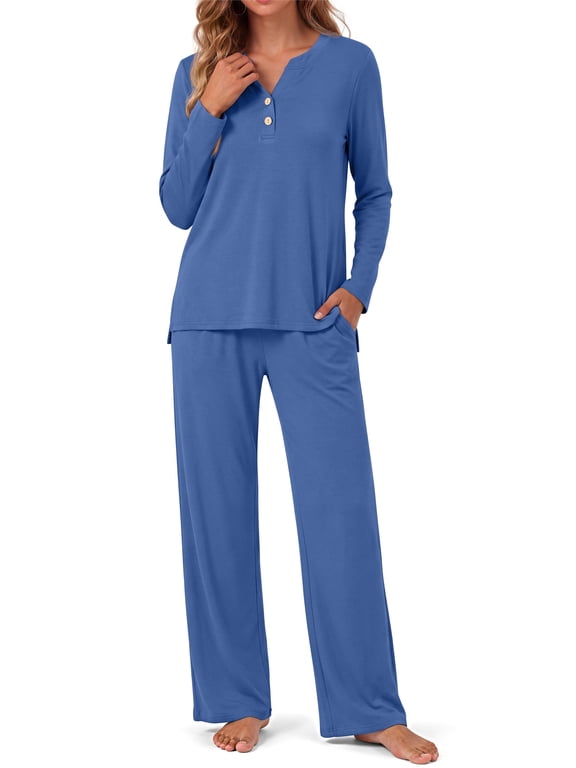 Women Pajamas Sets Long Sleeve V Neck Buttons Outfits and Casual Wide Leg Pants Lounge 2 Piece Sets withe Pockets
