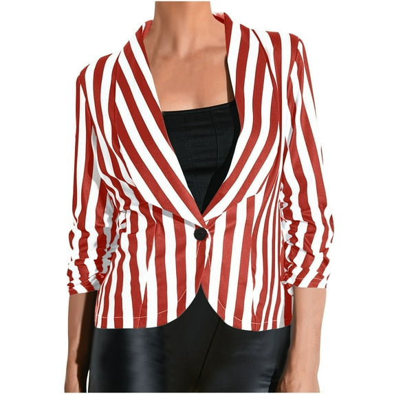 Fantaslook Women's Blazer Casual Work office Open Front Striped Blazer Striped 3/4 Sleeve Lightweight Fashion Jacket Red 10(XL)