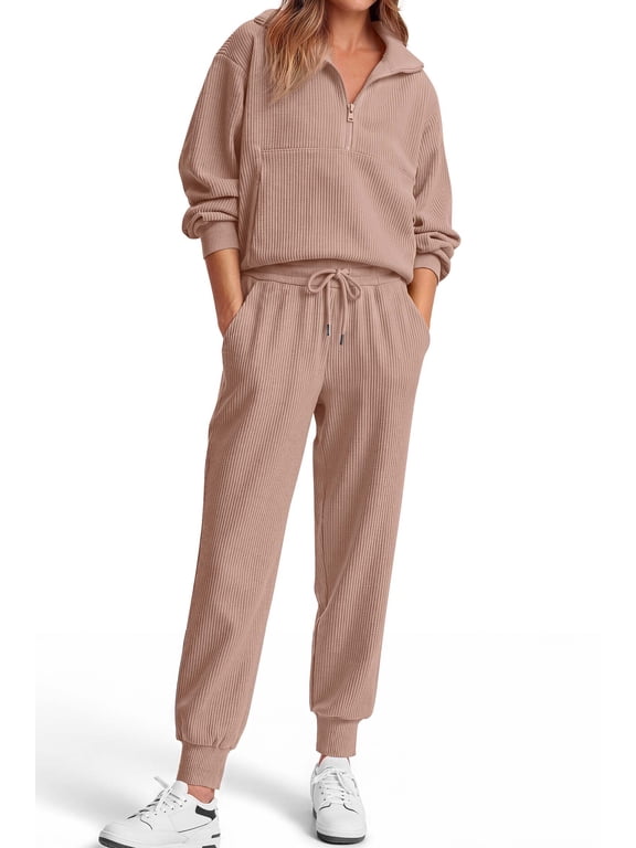 Womens 2 Piece Sets Long Sleeve Half Zip Sweatsuits Lounge Jogger Tracksuit with Pockets Vacation Fall Outfits