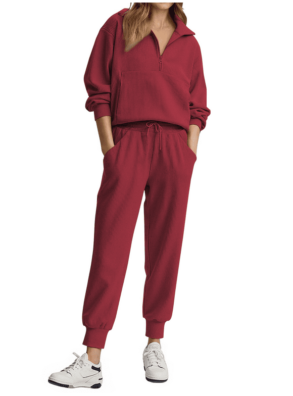 Womens 2 Piece Outfits Long Sleeve Half Zip Sweatsuits with Pockets Pullover Lounge Set