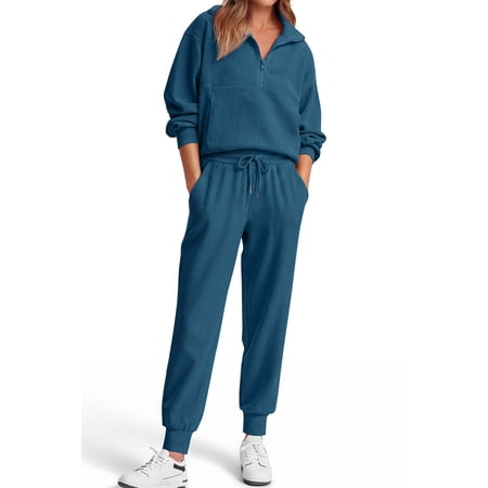 Fantaslook Womens 2 Piece Sets Long Sleeve Half Zip Sweatsuits Lounge Jogger Tracksuit with Pockets Vacation Fall Outfits