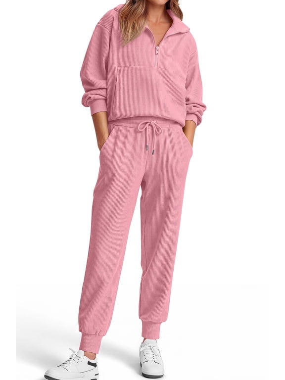 Womens 2 Piece Sets Long Sleeve Half Zip Sweatsuits Lounge Jogger Tracksuit with Pockets Vacation Fall Outfits