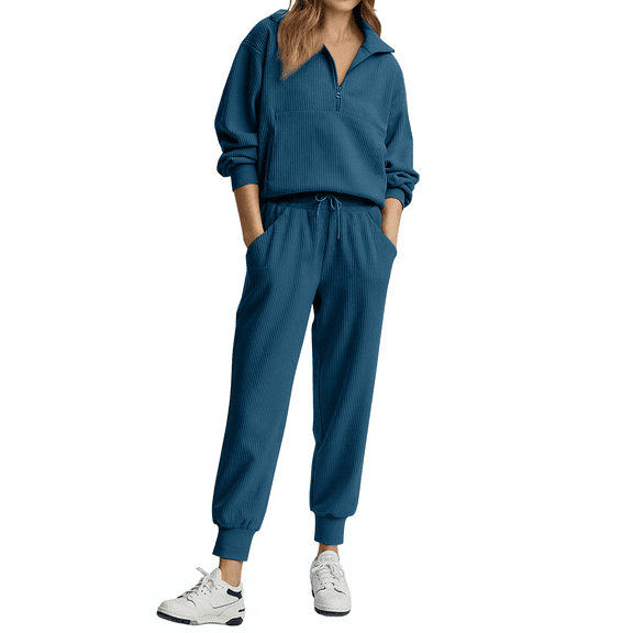 Fantaslook Womens 2 Piece Outfits Long Sleeve Half Zip Sweatsuits with Pockets Pullover Lounge Set