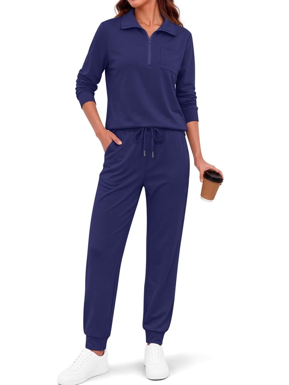 Womens 2 Piece Outfits Sets Lapel Half Zip Sweatsuits Casual Jogger Lounge Sets Fall Tracksuit with Pockets