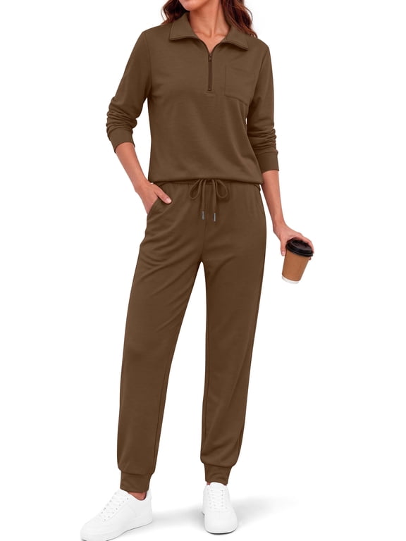 Womens 2 Piece Outfits Sets Lapel Half Zip Sweatsuits Casual Jogger Lounge Sets Fall Tracksuit with Pockets
