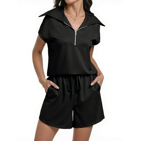 Womens 2 Pieces Outfits Half Zip Lapel Collar Lounge Set Cap Sleeve Summer Sets with Pockets