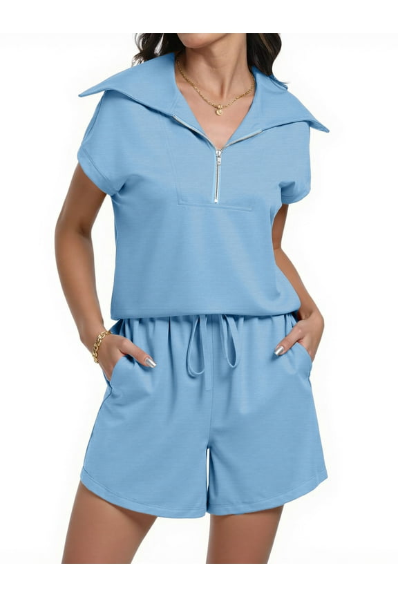 Womens 2 Pieces Outfits Half Zip Lapel Collar Lounge Set Cap Sleeve Summer Sets with Pockets