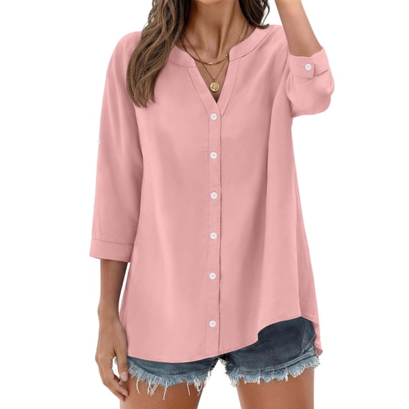 Fantaslook Womens 3/4 Sleeve Button Down Shirts V Neck Roll Up Sleeve Tops Cotton Linen Casual Summer Blouses Shirts