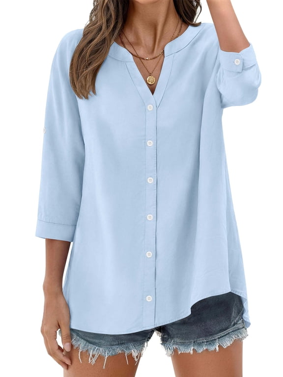 Womens 3/4 Sleeve Button Down Shirts V Neck Roll Up Sleeve Tops Cotton Linen Casual Summer Blouses Shirts