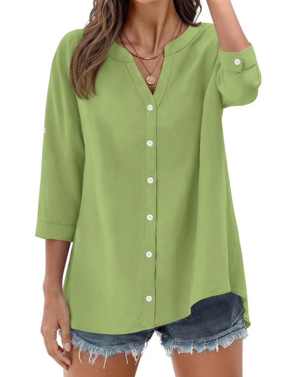 Womens 3/4 Sleeve Button Down Shirts V Neck Roll Up Sleeve Tops Cotton Linen Casual Summer Blouses Shirts