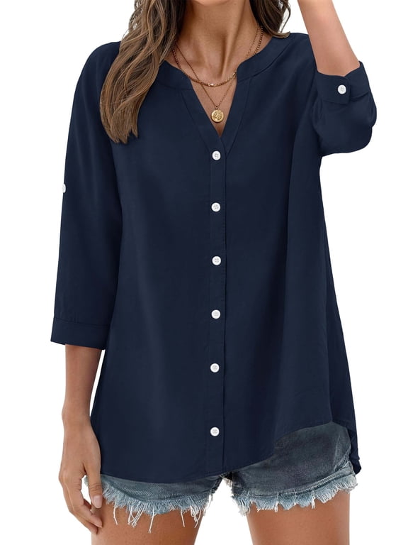 Womens 3/4 Sleeve Button Down Shirts V Neck Roll Up Sleeve Tops Cotton Linen Casual Summer Blouses Shirts